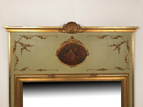 Large Louis XVI style trumeau, green lacquered wood, early 20th century gilding