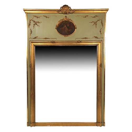 Large Louis XVI style trumeau, green lacquered wood, early 20th century gilding