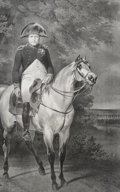 Napoleon Bonaparte On Horse By Engelmann Lithograph After Vernet Dated 1820