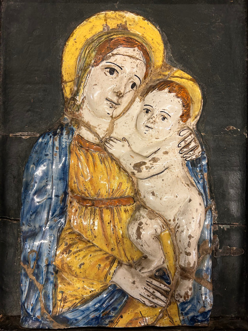 Polychrome Ceramic Devotional Plaque Virgin and Child Romagna Italy Early 18th century