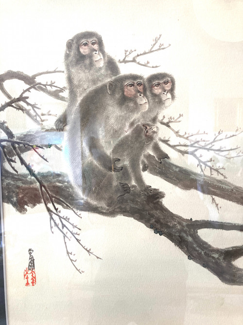 Aquarelle Japonaise, Singes sur une branche, 20ème