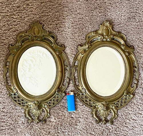 France, 1930s, Pair Of Mirrors Rocaille Style Bronze Frames.