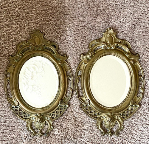 France, 1930s, Pair Of Mirrors Rocaille Style Bronze Frames.