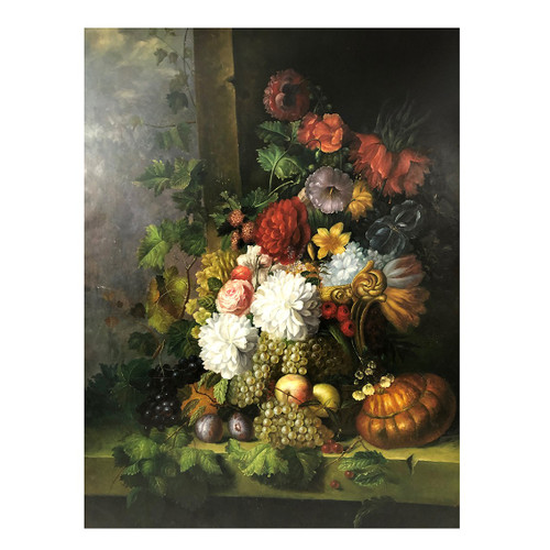 Peter Brooks. Immenses Stillleben mit Blumen und Früchten. Öl auf Leinwand XX. Jh. 2,2 m x 1,7 m