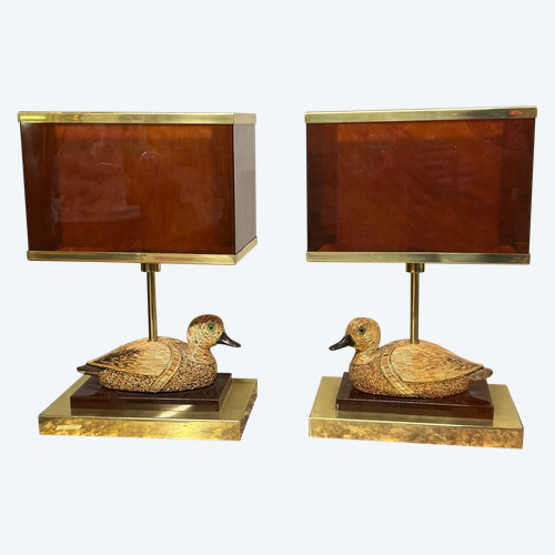 Paire De Lampes Canards En Laiton Et Bakélite Des Années 1970