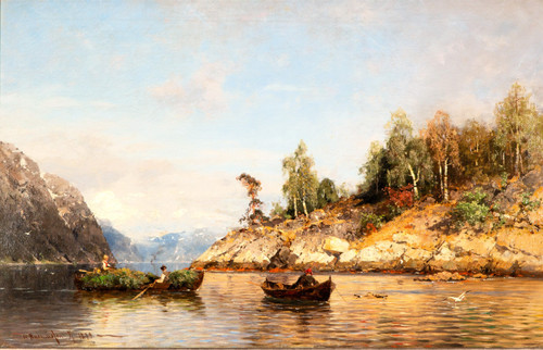 Summer in the fjords, Oil on canvas by Georg Anton Rasmussen, 1842 - 1912