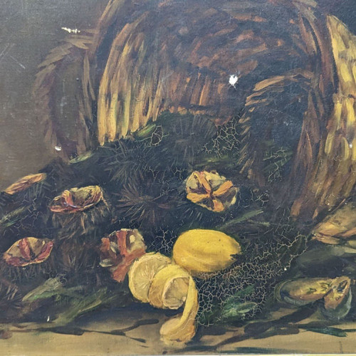 Oil On Canvas Still Life With Sea Urchins And Lemons Signed Bouchet 1903