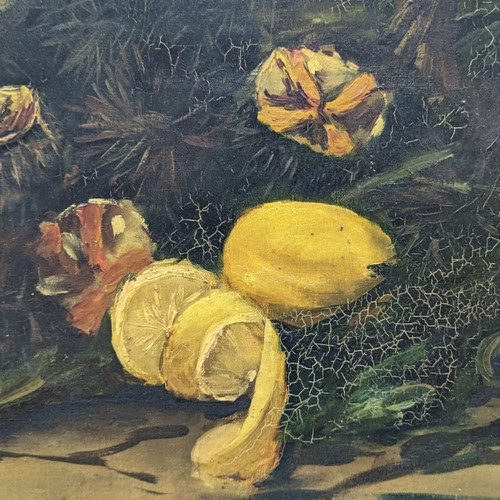 Oil On Canvas Still Life With Sea Urchins And Lemons Signed Bouchet 1903