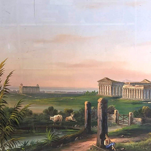 Large Neapolitan Gouache Temple Of Pesto 19th Century