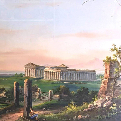 Large Neapolitan Gouache Temple Of Pesto 19th Century