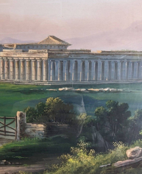 Large Neapolitan Gouache Temple Of Pesto 19th Century