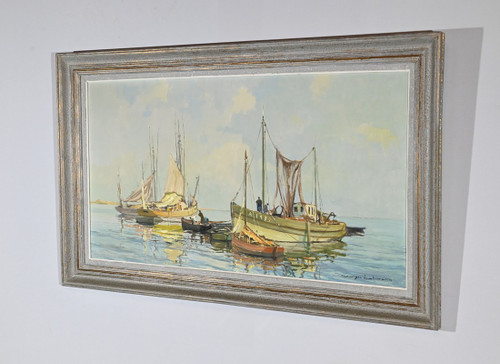 Oil painting on Isorel "Chalutier et Thoniers", signed G.Lhermitte - Mid 20th century