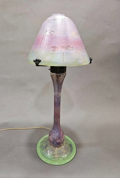 Daum Nancy Art Nouveau Mushroom Lamp "Dragonflies"