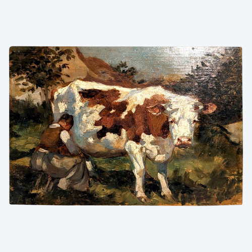 "Louis Edouard Garrido Oil On Panel Milking Cows