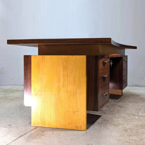 Large Presidential Desk with Box Art Deco Style 1930 from 1950 in Rosewood