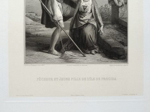 Gravure d'Alphonse Lamotte d'Après Léopold Robert Pêcheur Et Jeune Fille Grecque