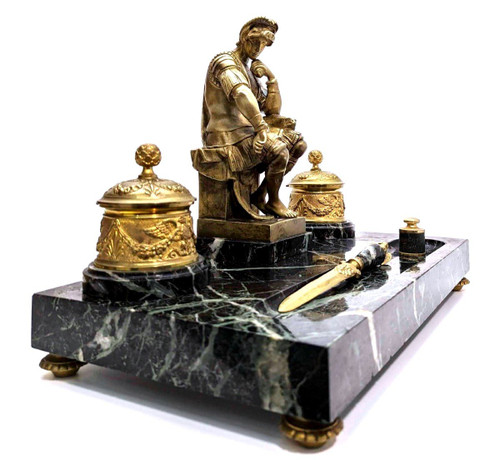 Large Inkwell Decorated By Laurent De Medici By Michelangelo Gilt Bronze And Green Marble