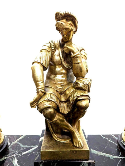 Large Inkwell Decorated By Laurent De Medici By Michelangelo Gilt Bronze And Green Marble