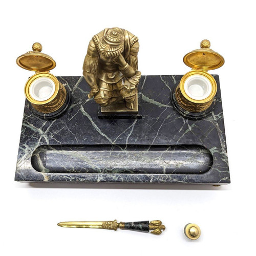 Large Inkwell Decorated By Laurent De Medici By Michelangelo Gilt Bronze And Green Marble