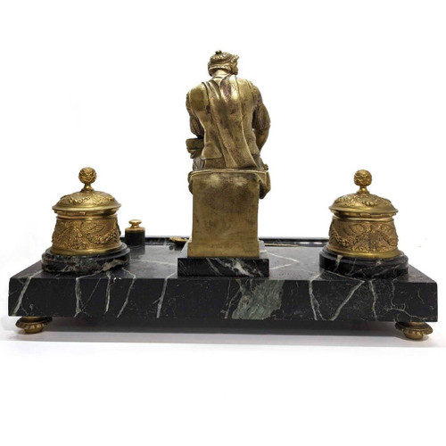 Large Inkwell Decorated By Laurent De Medici By Michelangelo Gilt Bronze And Green Marble