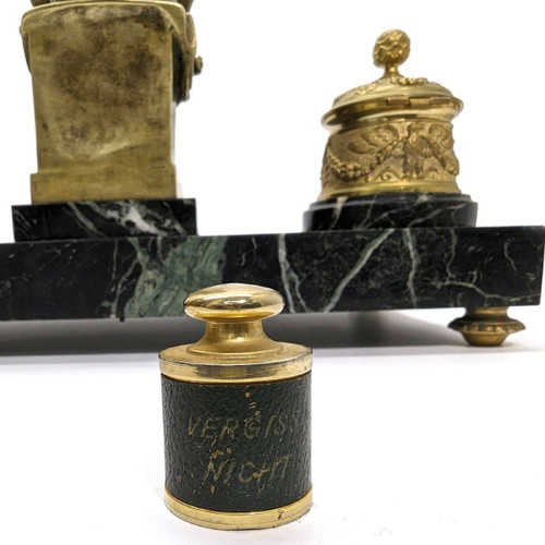 Large Inkwell Decorated By Laurent De Medici By Michelangelo Gilt Bronze And Green Marble