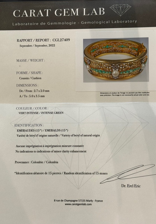 Beaumont & Cie,: Bangle Bracelet Adorned with Emeralds, Diamonds and Fine Pearls