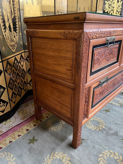 Indochinese Carved Panel Chest of Drawers