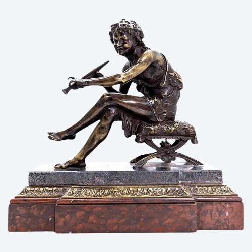 Kleiner junger Hirte aus Bronze mit Flöte von Jean Jules Salmson, 19. Jahrhundert