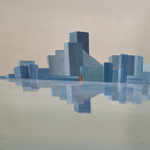 Grande Toile Abstraite Représentant Une Skyline Cubiste En Camaïeux De Bleu