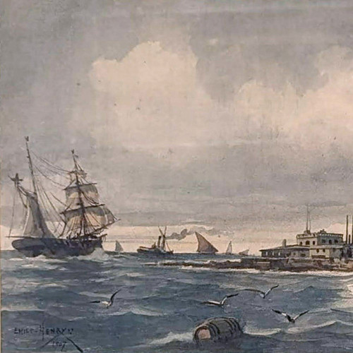 Watercolor by Emile Henry Sailboats near a lighthouse (probably Planier lighthouse)