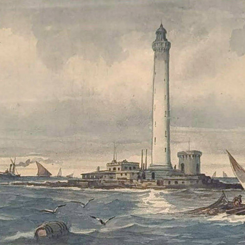 Watercolor by Emile Henry Sailboats near a lighthouse (probably Planier lighthouse)