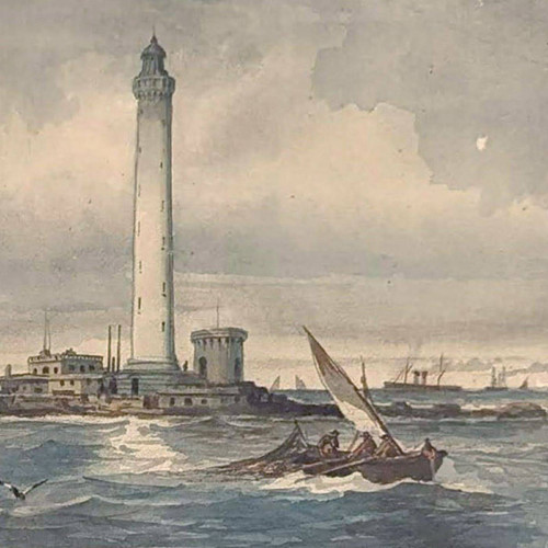 Watercolor by Emile Henry Sailboats near a lighthouse (probably Planier lighthouse)