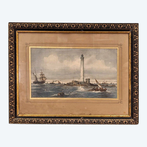 Watercolor by Emile Henry Sailboats near a lighthouse (probably Planier lighthouse)