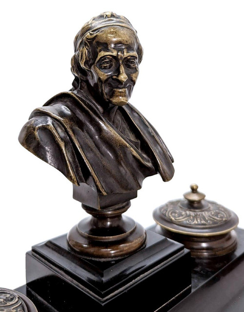 Napoleon III Bronze And Black Marble Inkwell With Voltaire Decor