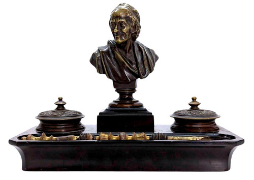 Napoleon III Bronze And Black Marble Inkwell With Voltaire Decor