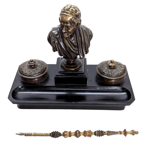 Napoleon III Bronze And Black Marble Inkwell With Voltaire Decor