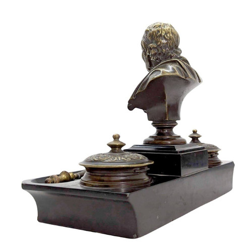 Napoleon III Bronze And Black Marble Inkwell With Voltaire Decor