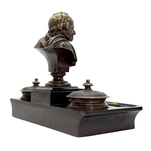 Napoleon III Bronze And Black Marble Inkwell With Voltaire Decor