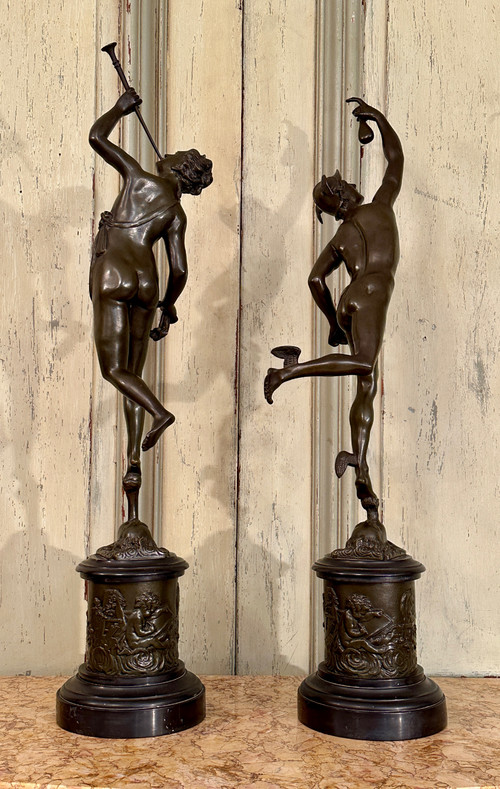 Jean De Bologne After, Pair Of Mercury Bronze Sculptures Renowned 19th Century (H82cm)