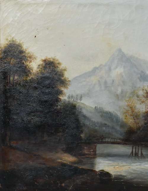 Französische Schule aus dem 19. Jahrhundert, Öl auf Leinwand. Haus am Fluss, Berglandschaft