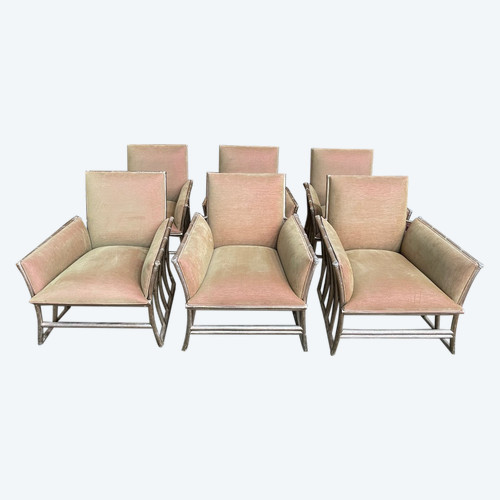 Suite De 6 Fauteuils Bergères En Bambou Argenté Et Velours