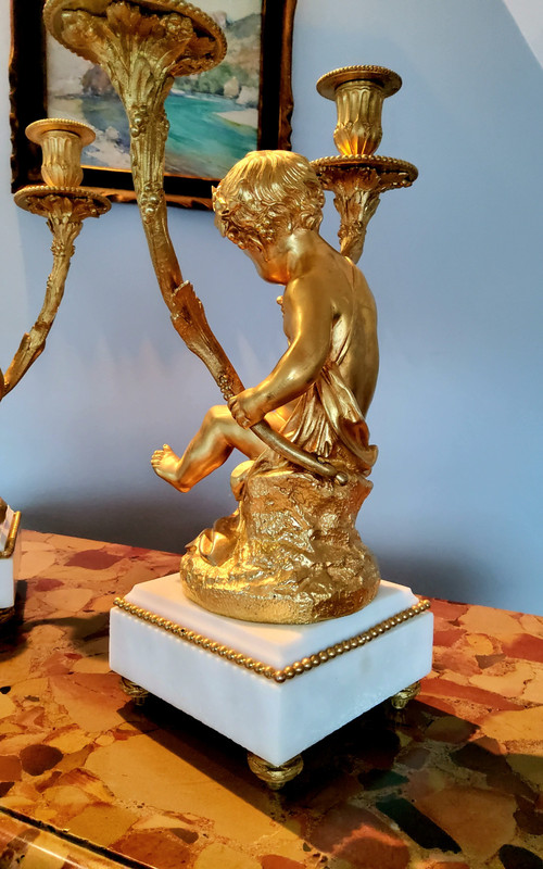 Pair of Candelabra in gilded bronzes Young Bacchus and Bacchante after Clodion Louis XVI Style