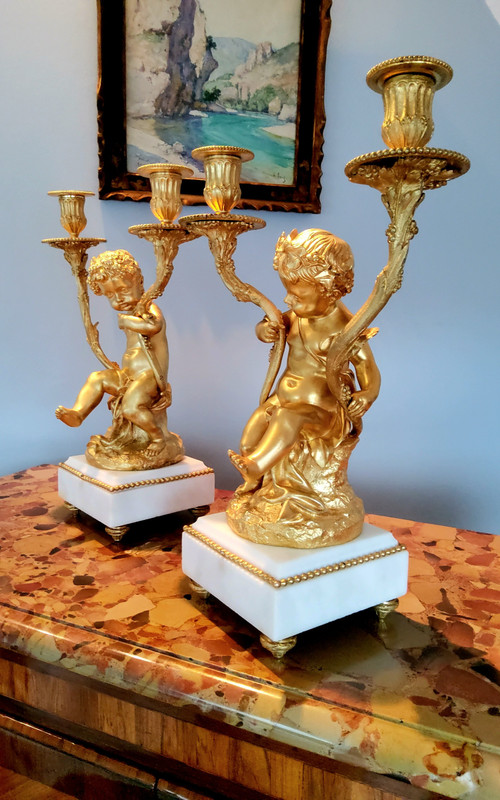 Pair of Candelabra in gilded bronzes Young Bacchus and Bacchante after Clodion Louis XVI Style