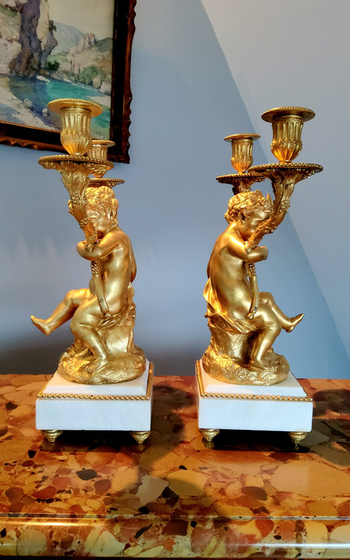 Pair of Candelabra in gilded bronzes Young Bacchus and Bacchante after Clodion Louis XVI Style