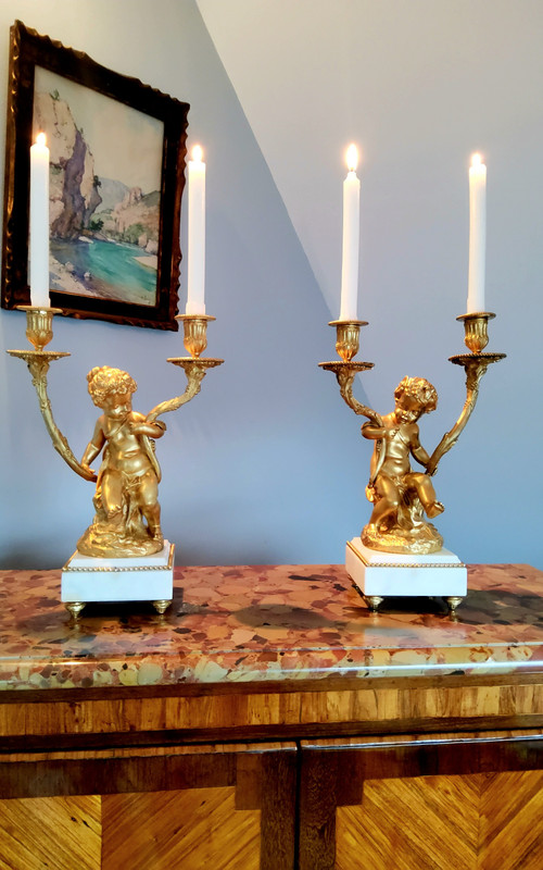 Pair of Candelabra in gilded bronzes Young Bacchus and Bacchante after Clodion Louis XVI Style