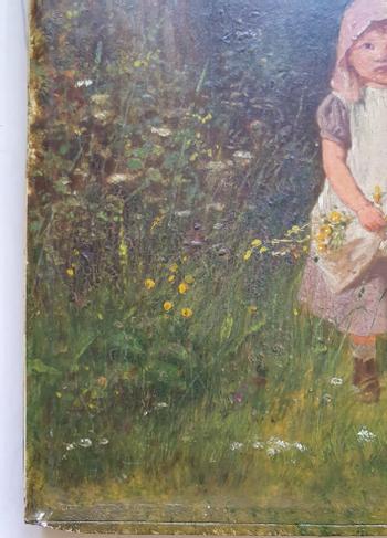 Children with Flowers: J.O. Banks oil on panel, signed.