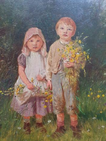 Children with Flowers: J.O. Banks oil on panel, signed.