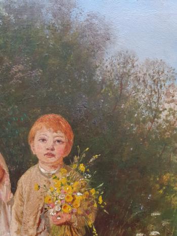 Children with Flowers: J.O. Banks oil on panel, signed.