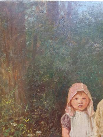 Children with Flowers: J.O. Banks oil on panel, signed.