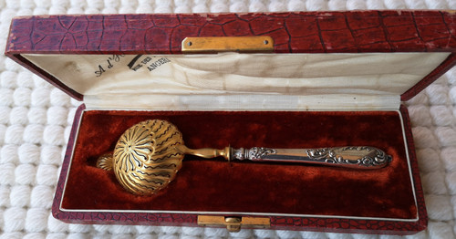 Box: lovely silver-filled sprinkling spoon and golden spoon